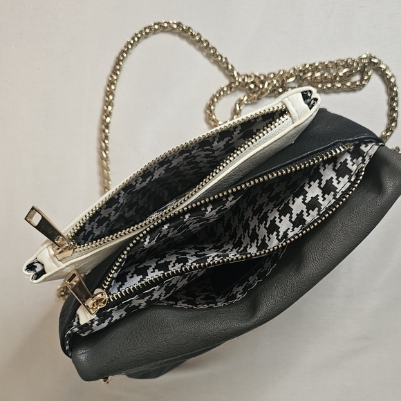 Cesca Handbags - [CESCA] Gray, Wht & Blk Vegan Leather Crossbody Bag/Clutch Removable Gold Chain